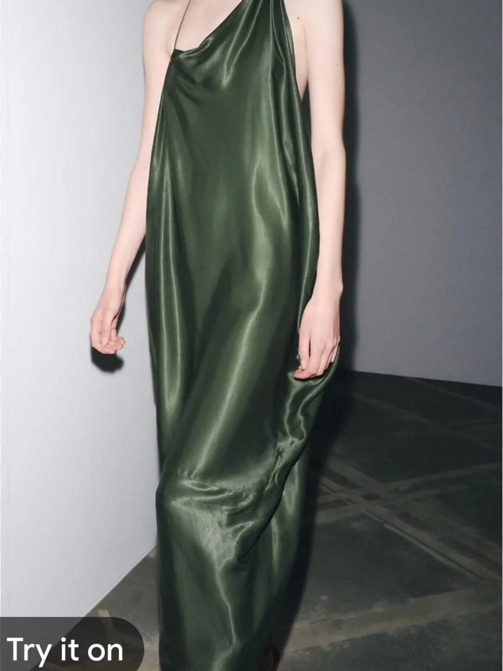 Zara Dark Olive One-Shoulder Satin Maxi Dress - Picture 1 of 3